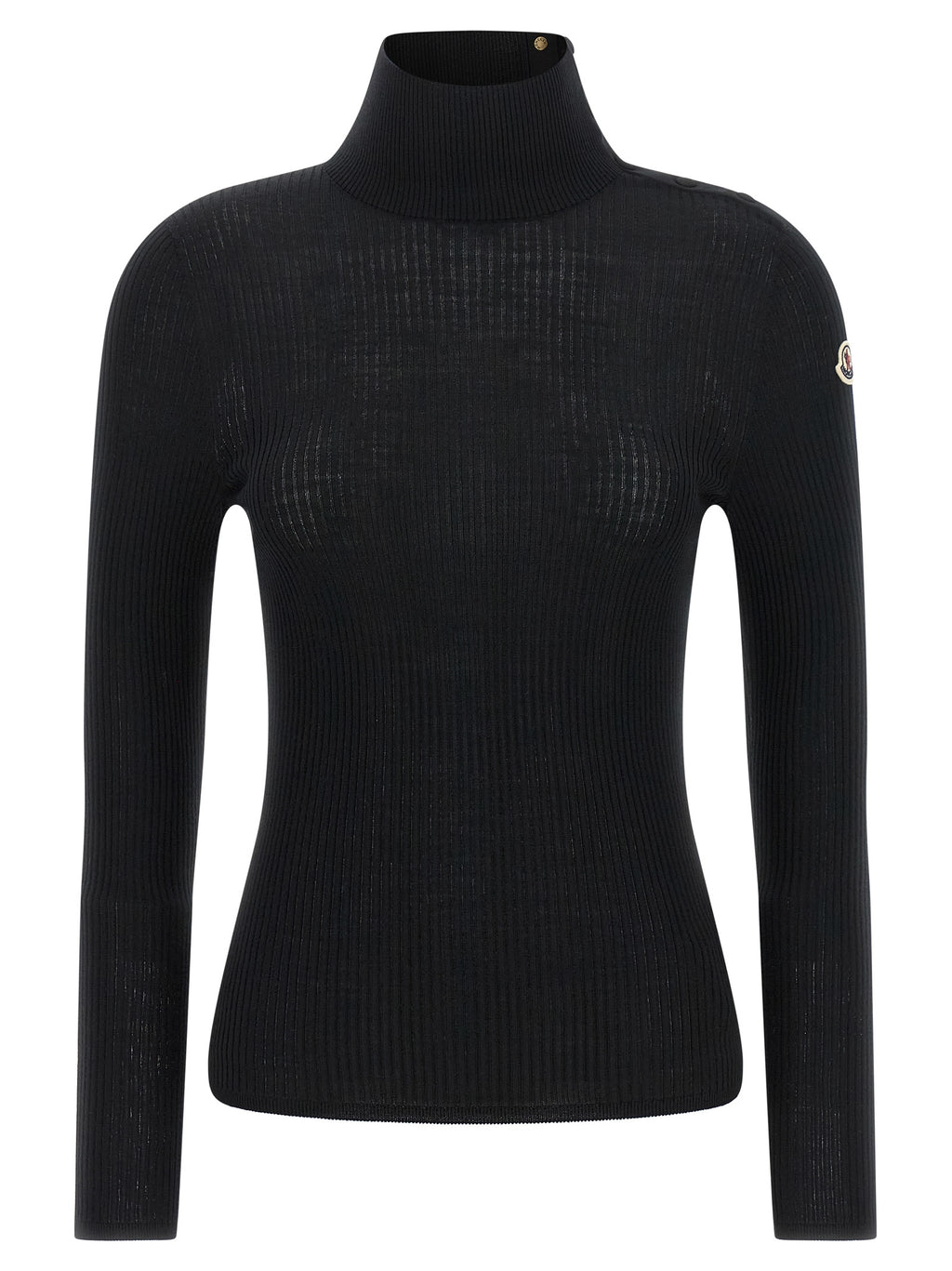 Cardigan en laine vierge noire de Moncler, coupe classique, porté sur un mannequin, détails de texture visibles.