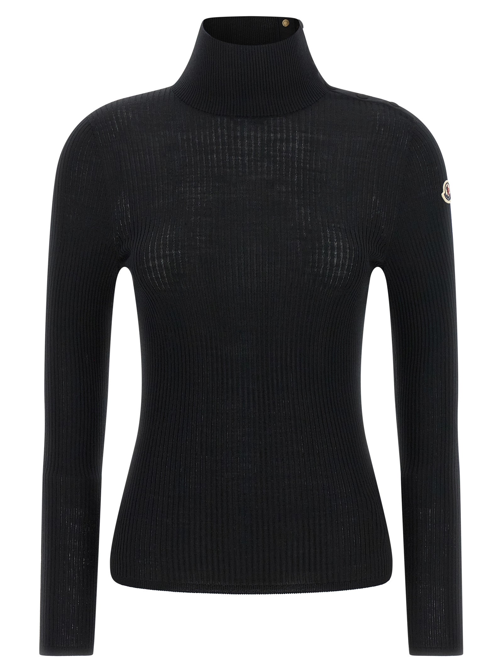 Cardigan en laine vierge noire de Moncler, coupe classique, porté sur un mannequin, détails de texture visibles.