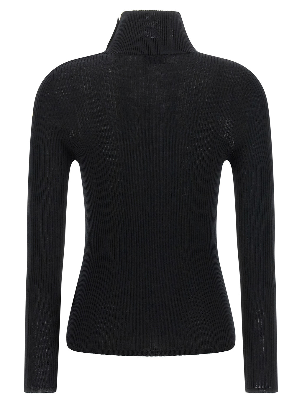 Cardigan noir en laine vierge Moncler avec boutons devant, porté sur un mannequin.