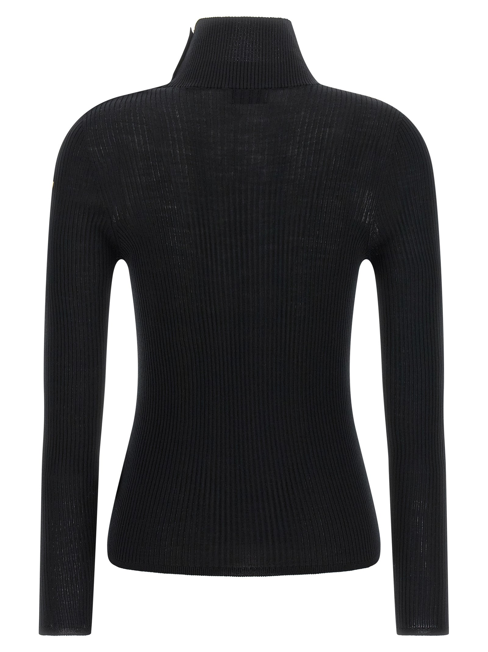 Cardigan noir en laine vierge Moncler avec boutons devant, porté sur un mannequin.