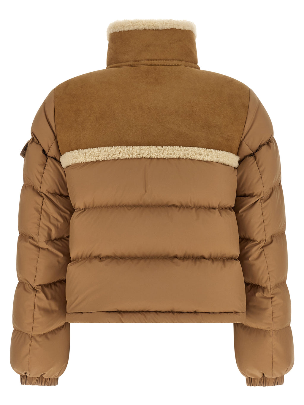 Veste longue en polyester beige de Moncler, élégante et chaude, avec capuche et fermeture éclair visible.