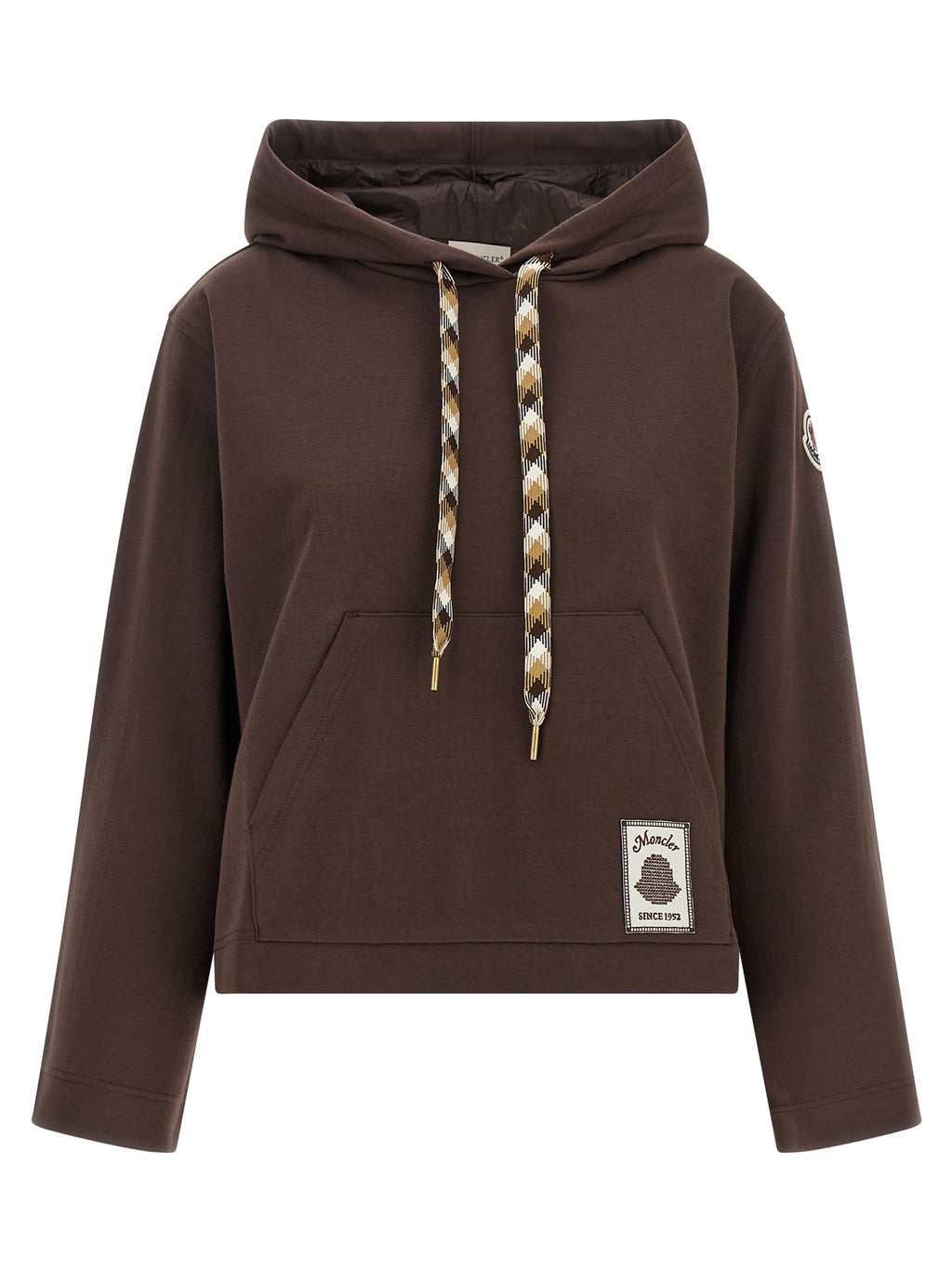 Sweatshirt en coton marron de la marque Moncler, coupe décontractée et logo visible sur la poitrine, vêtement confortable et stylé.