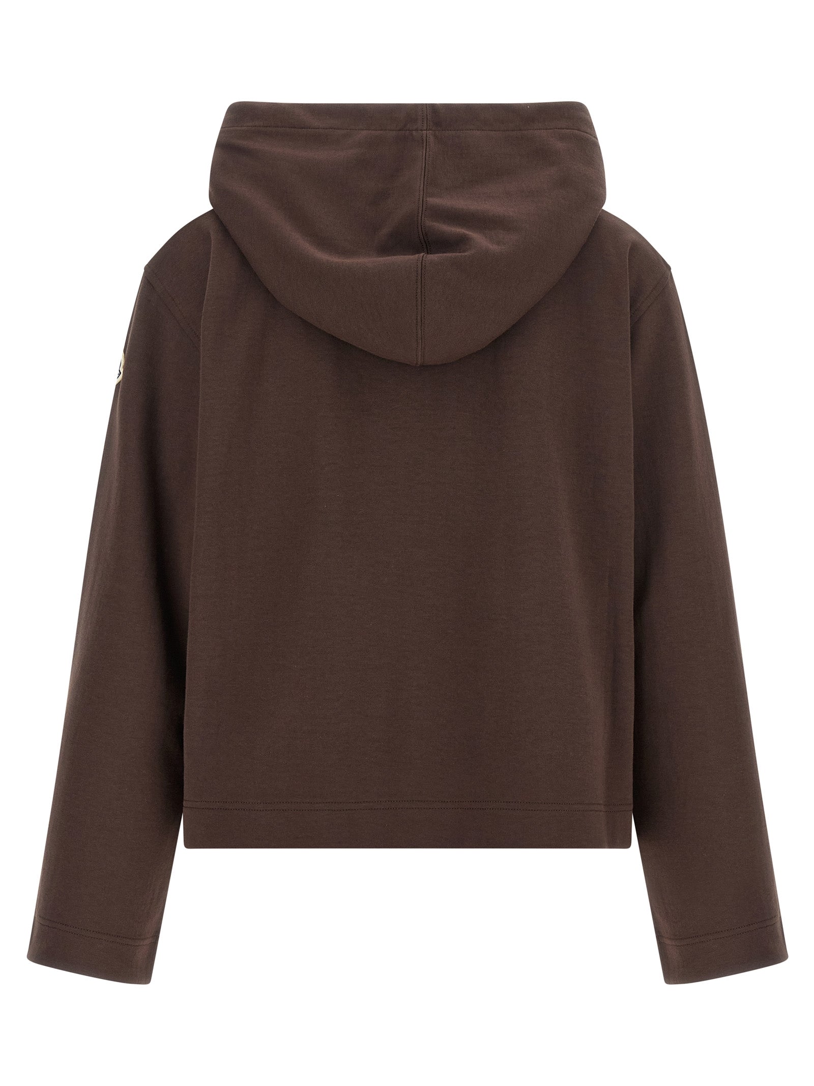 Sweat-shirt en coton marron de la marque Moncler, coupe décontractée, avec logo sur la poitrine, image montrant le devant du vêtement.