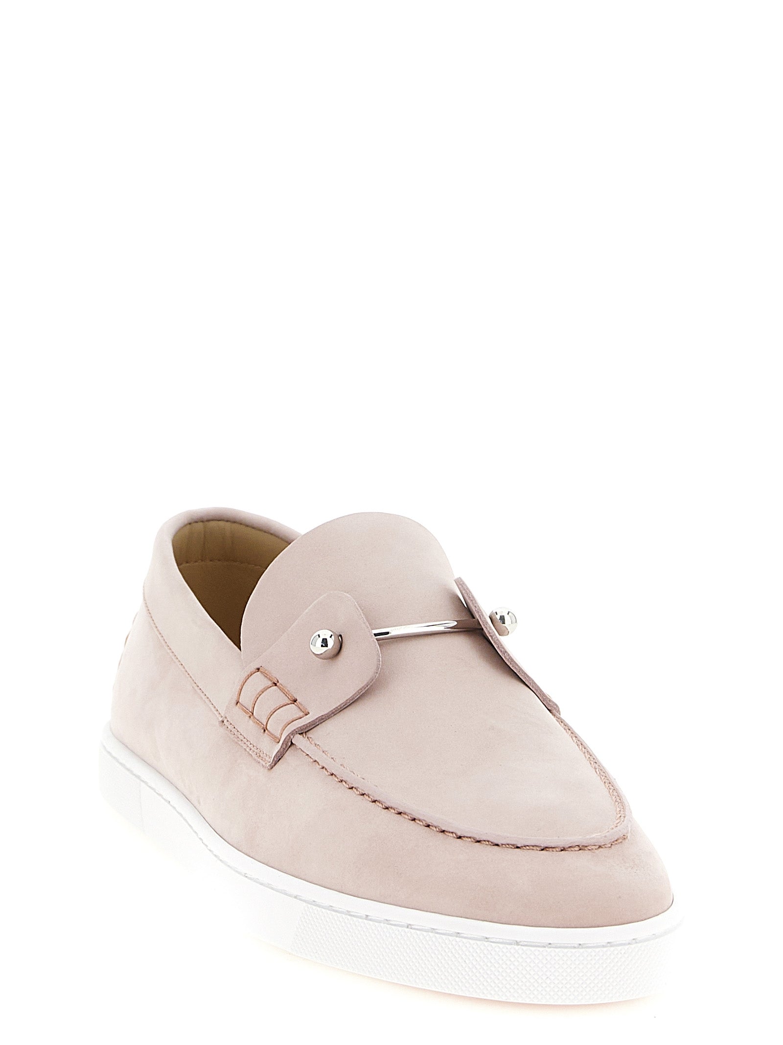 Mocassins Christian Louboutin en cuir de veau multicolore, slip-on, avec semelle signature rouge et détails élégants.
