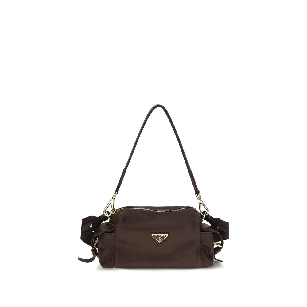 Sac à épaule Prada en cuir Napa brun et cuir de veau Bos Taurus, finition élégante et détails sophistiqués.