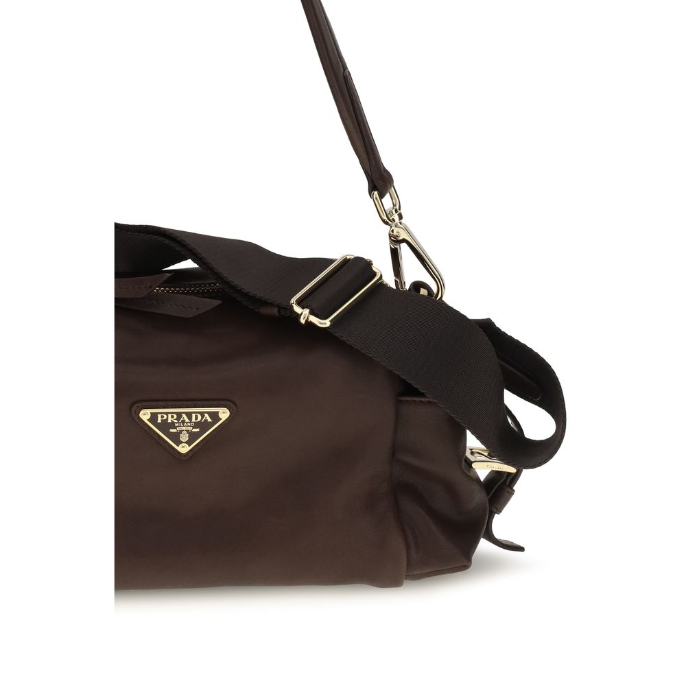 Sac à main Prada en cuir Napa brun et veau Bos Taurus, sac épaule élégant avec détails sophistiqués.