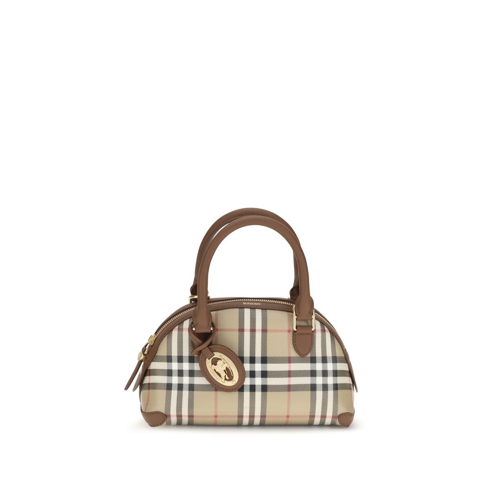 Sac à main en toile beige de Burberry, élégant et classique, avec logo emblématique visible sur le devant.