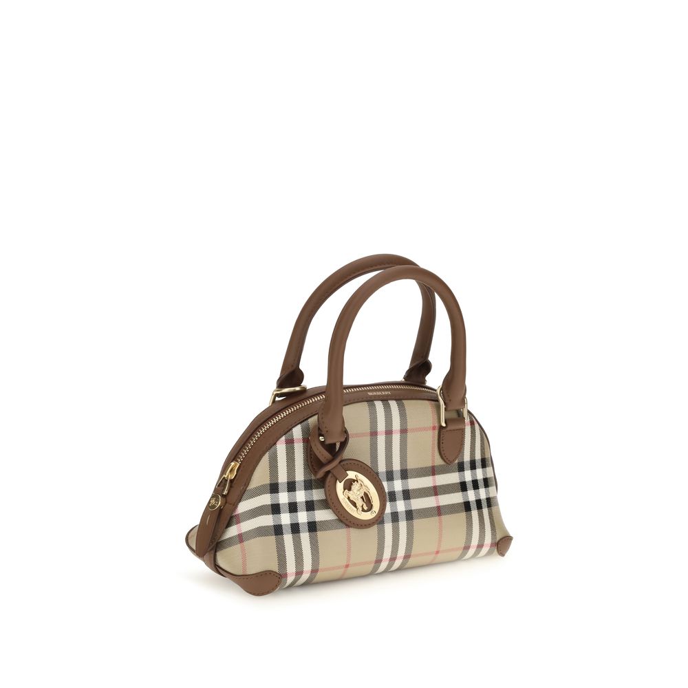 Sac à main en toile beige Burberry, élégant et spacieux, avec détails signature et poignées robustes.