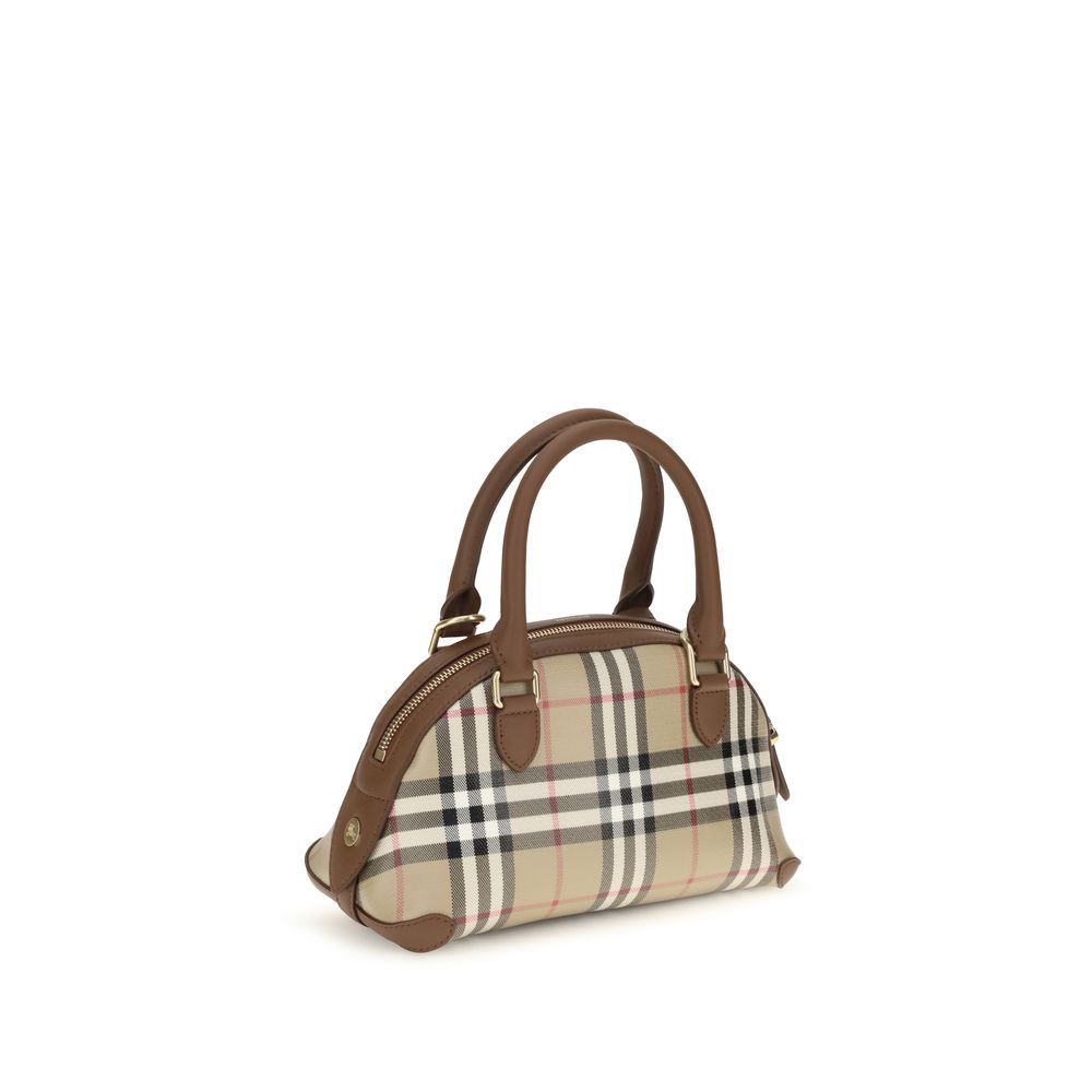 Sac à main Burberry en toile beige avec logo emblématique, détails élégants et poignées en cuir pour un style chic et sophistiqué.