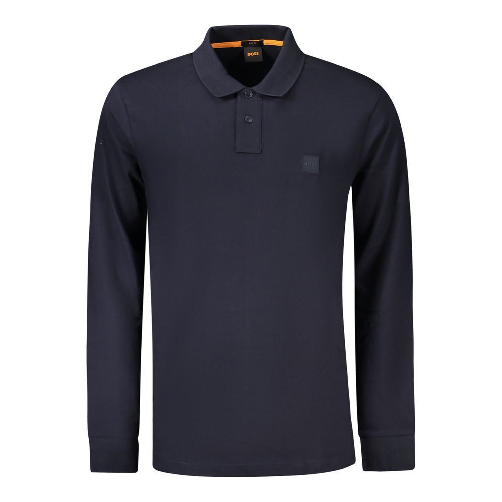 Polo homme en coton bleu de la marque Hugo Boss, col classique et logo discret sur la poitrine.