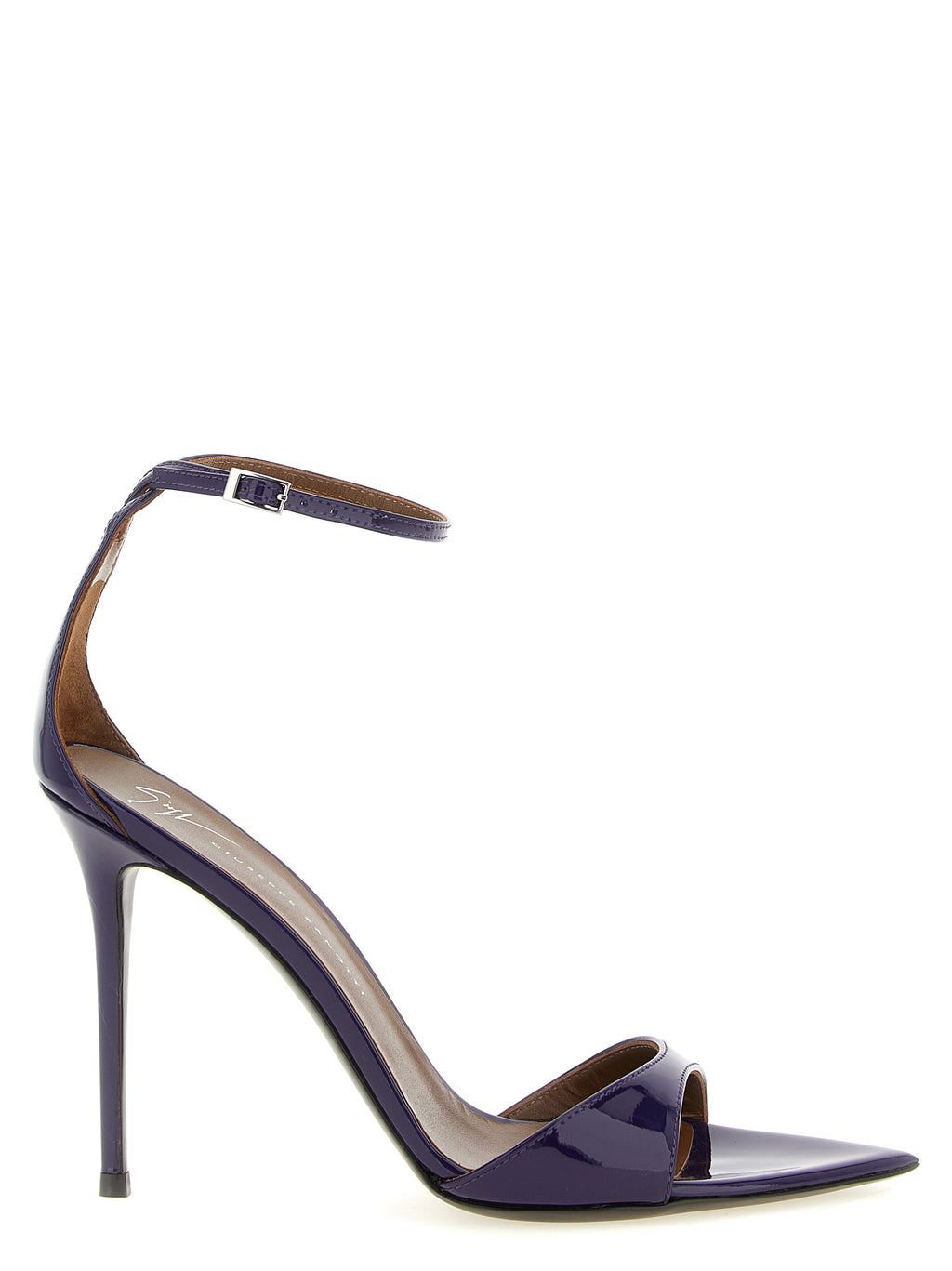 Sandales à talons stilettos en veau violet de Giuseppe Zanotti, vue de côté avec bride à la cheville et semelle en cuir.