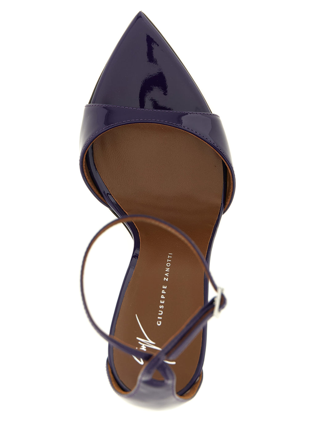 Sandales à talons stilettos en cuir de veau violet de Giuseppe Zanotti, montrant le design élégant et les détails du produit