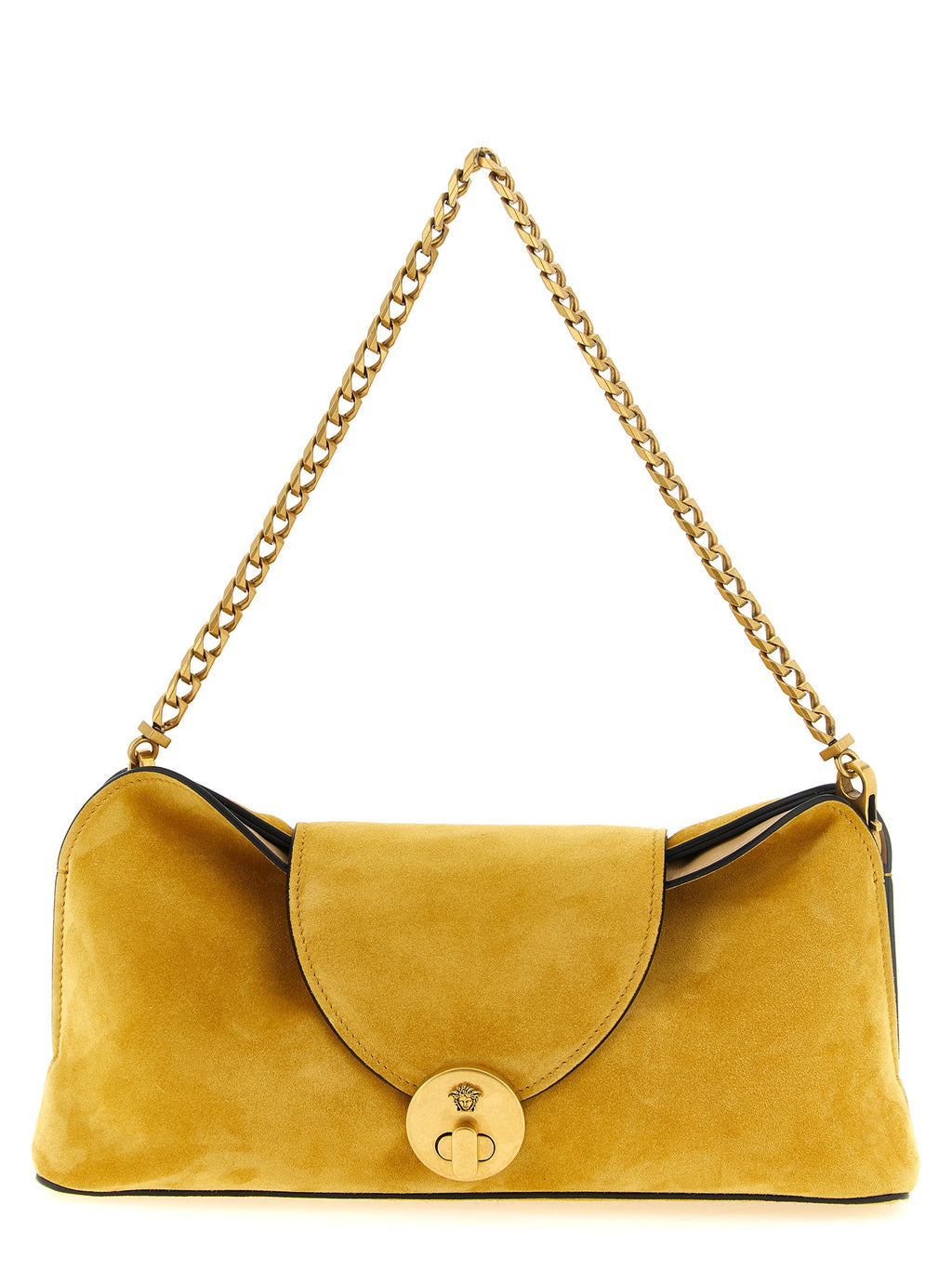 Sac clutch Bicolor en cuir de veau Versace, élégant et sophistiqué, avec détails de la marque et finition soignée.
