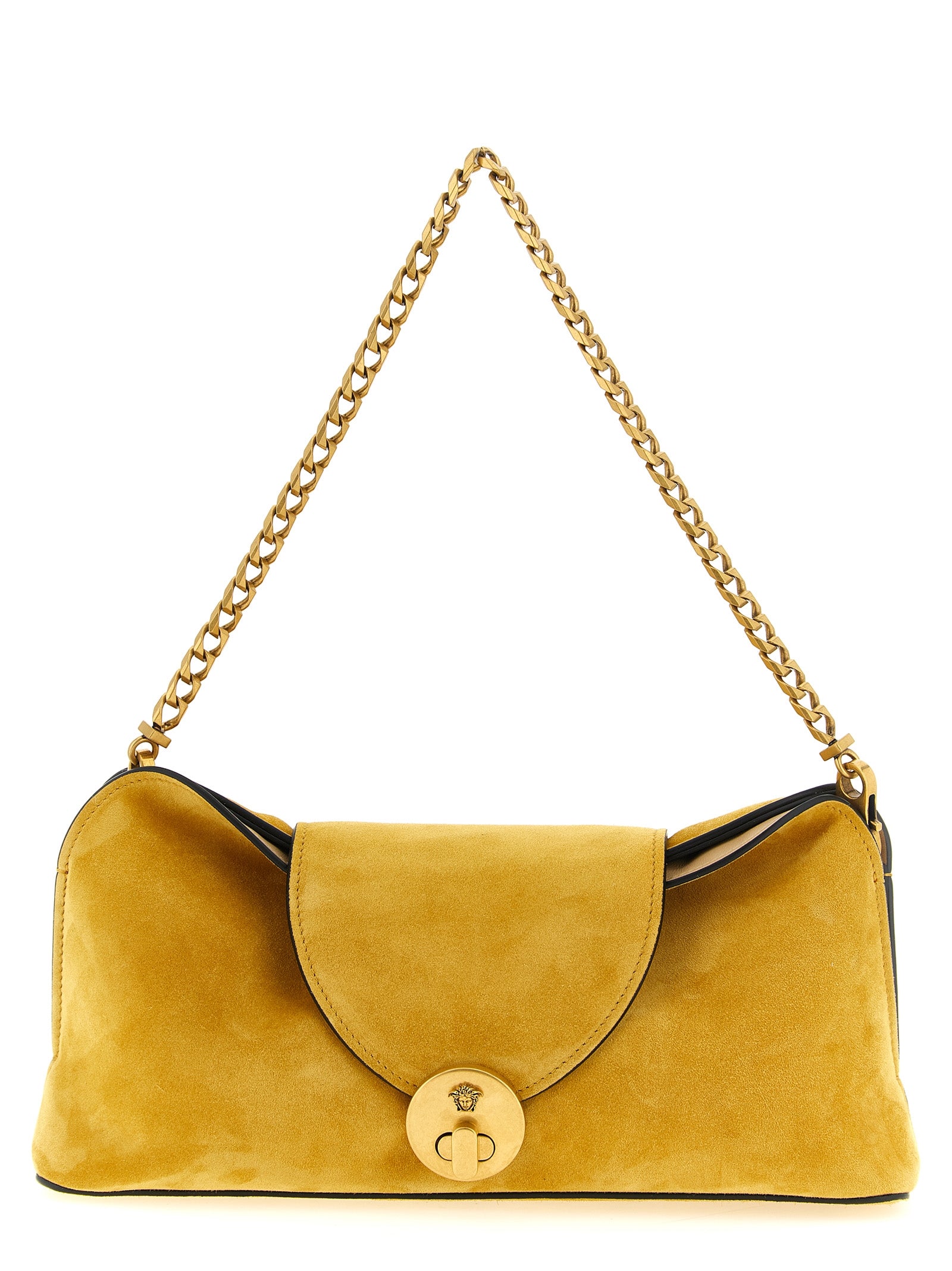 Sac clutch Bicolor en cuir de veau Versace, élégant et sophistiqué, avec détails de la marque et finition soignée.