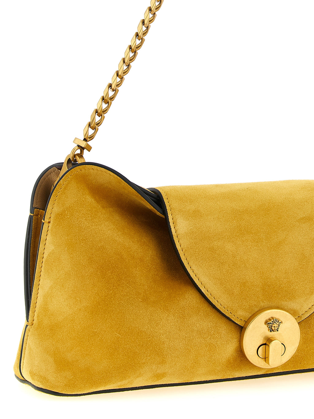 Pochette Versace en cuir bicolore pour le soir, avec logo emblématique et finition élégante.