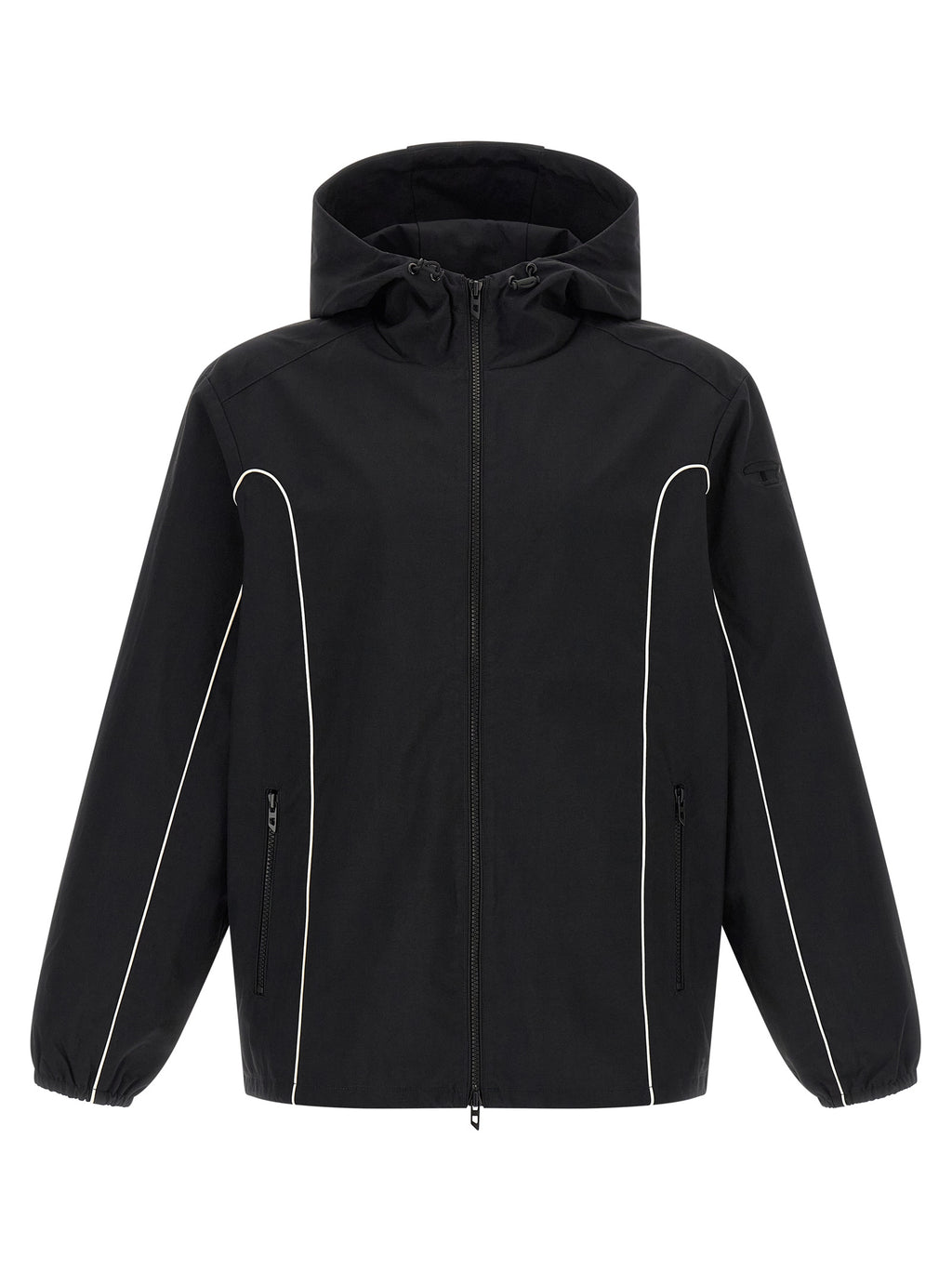 Veste shell en polyamide noire Diesel, coupe moderne, avec capuche et fermeture éclair, idéale pour la pluie et le vent.