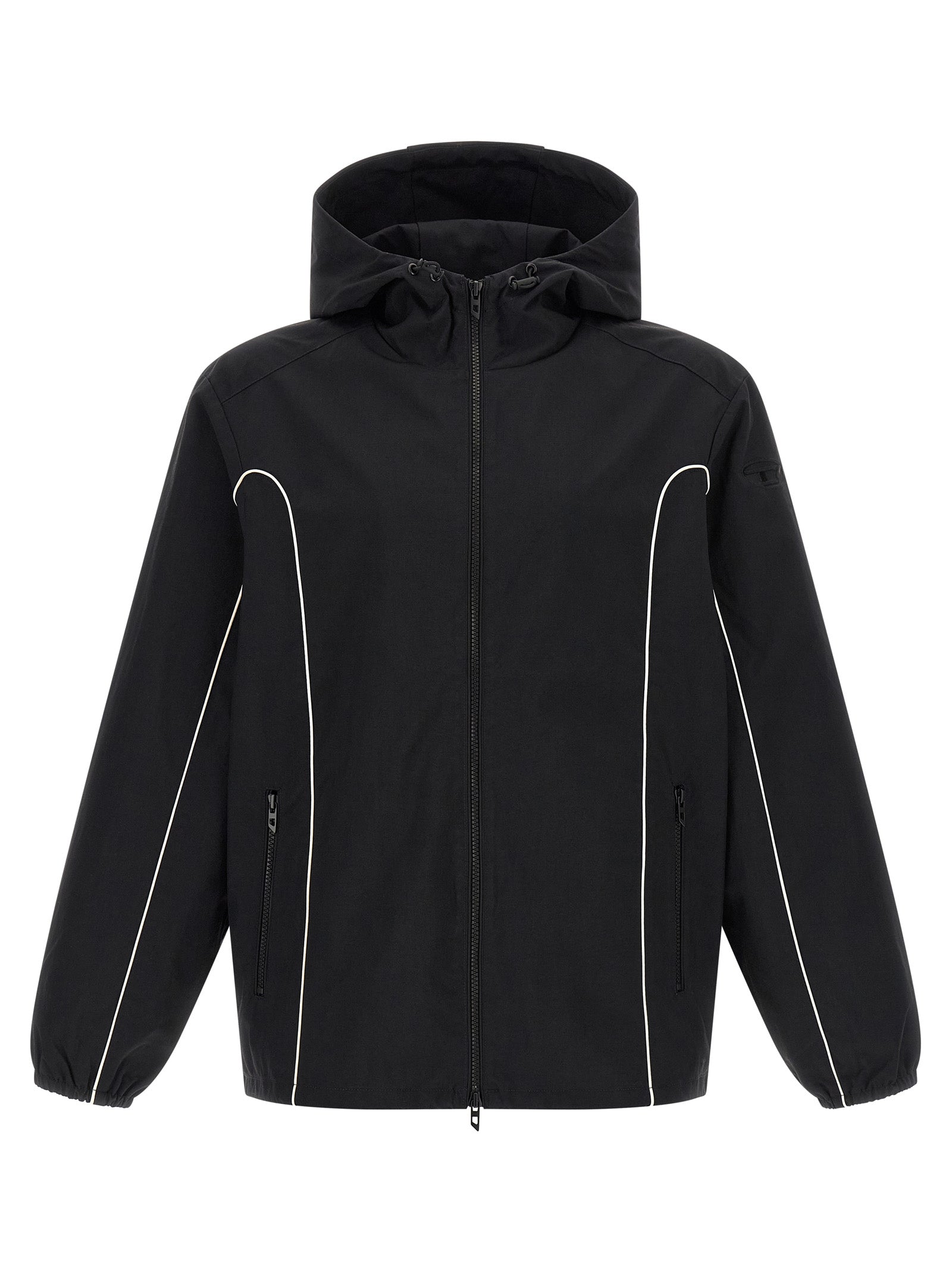 Veste shell en polyamide noire Diesel, coupe moderne, avec capuche et fermeture éclair, idéale pour la pluie et le vent.