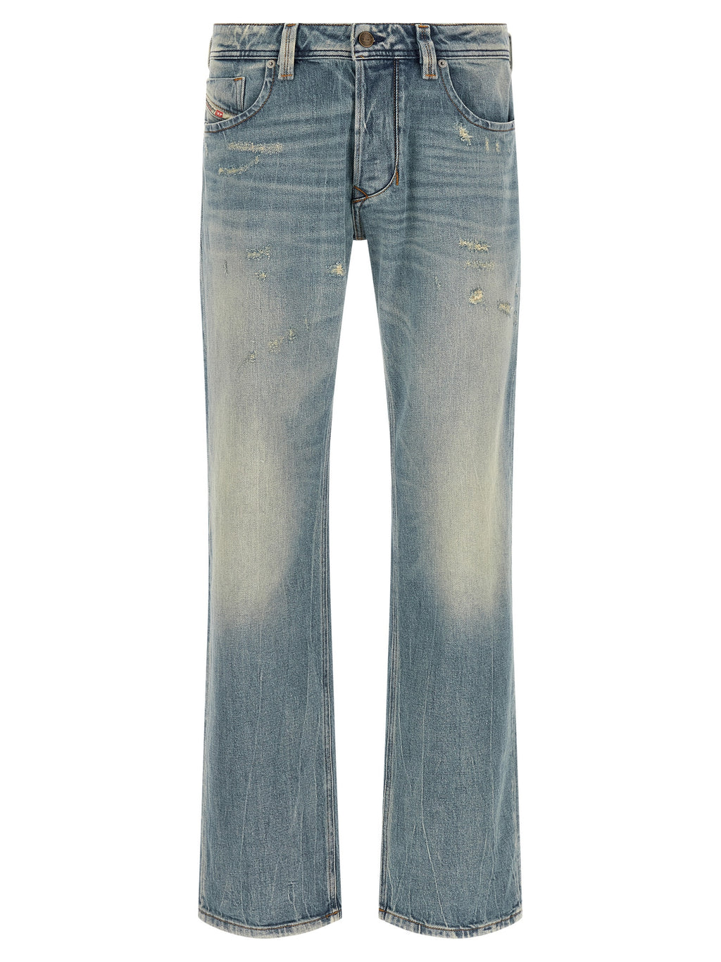 Jeans Diesel en coton bleu droit, coupe droite, visibles avec la texture du tissu et la couleur bleue classique.