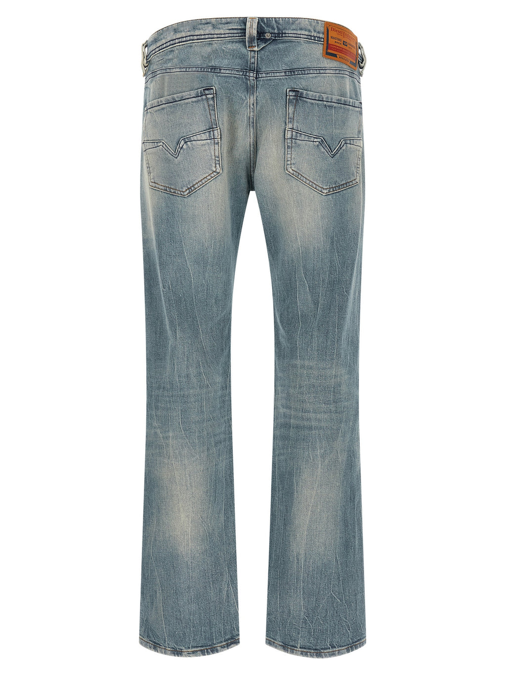 Jeans droits en coton bleu Diesel, style classique, visible en détail sur l'image.