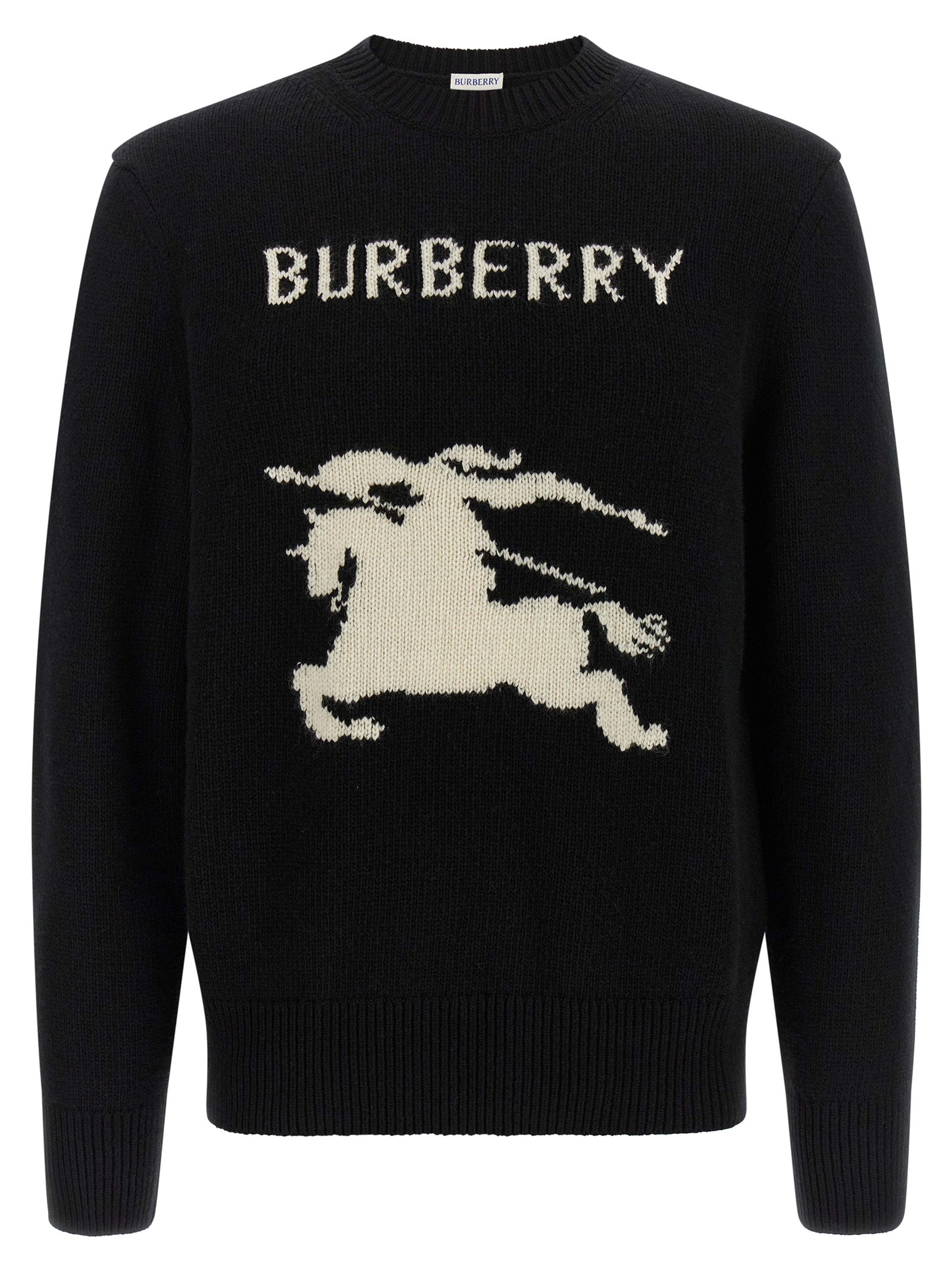 Cardigan en laine noire de marque Burberry, coupe classique et détails élégants, porté sur un mannequin.