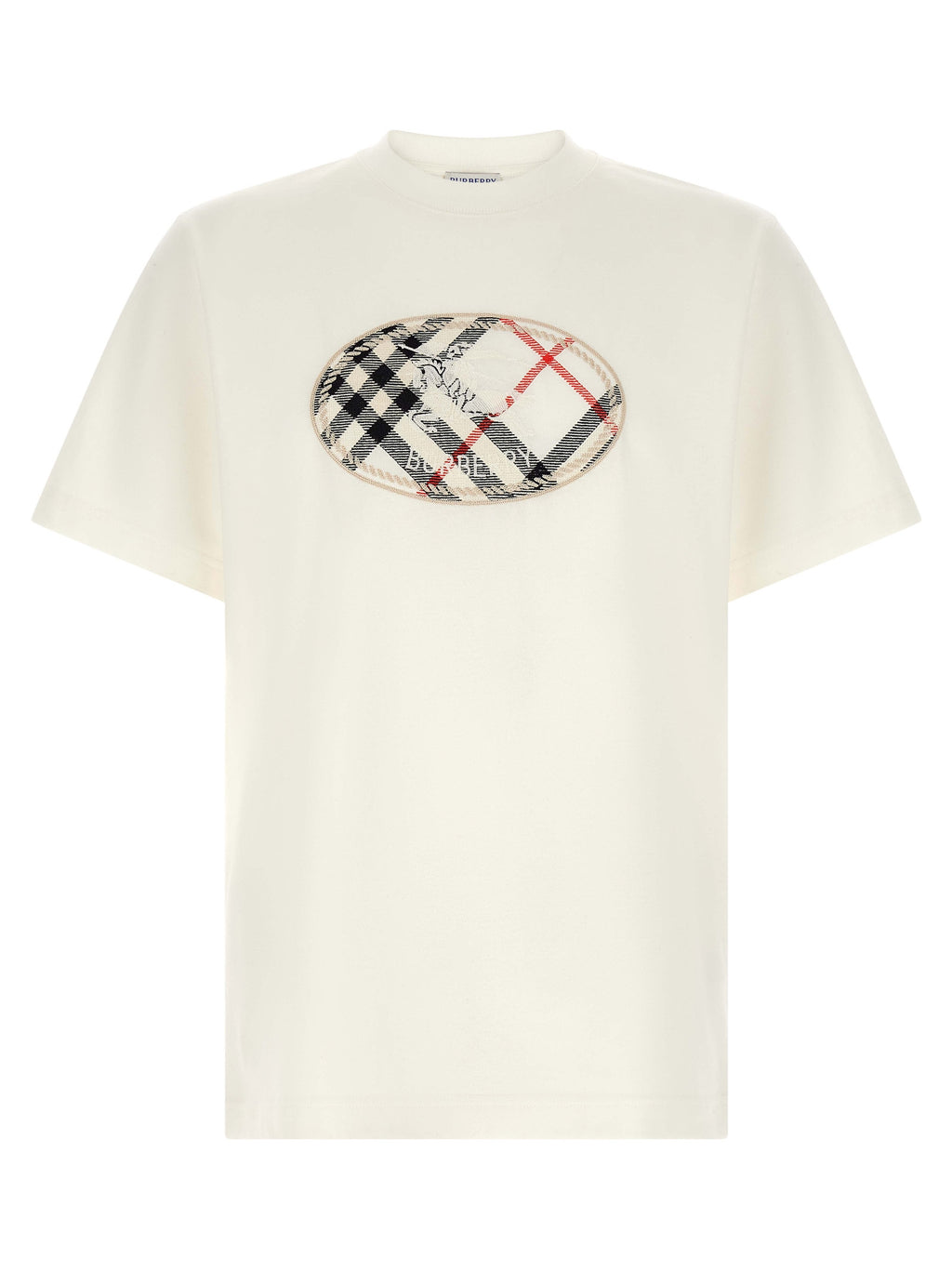 T-shirt blanc en coton de la marque Burberry, détail de la texture du tissu et du logo discret visible sur le devant.