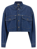 Chemise en coton bleue Versace avec logo distinctif, manches longues et col classique, vue de face.