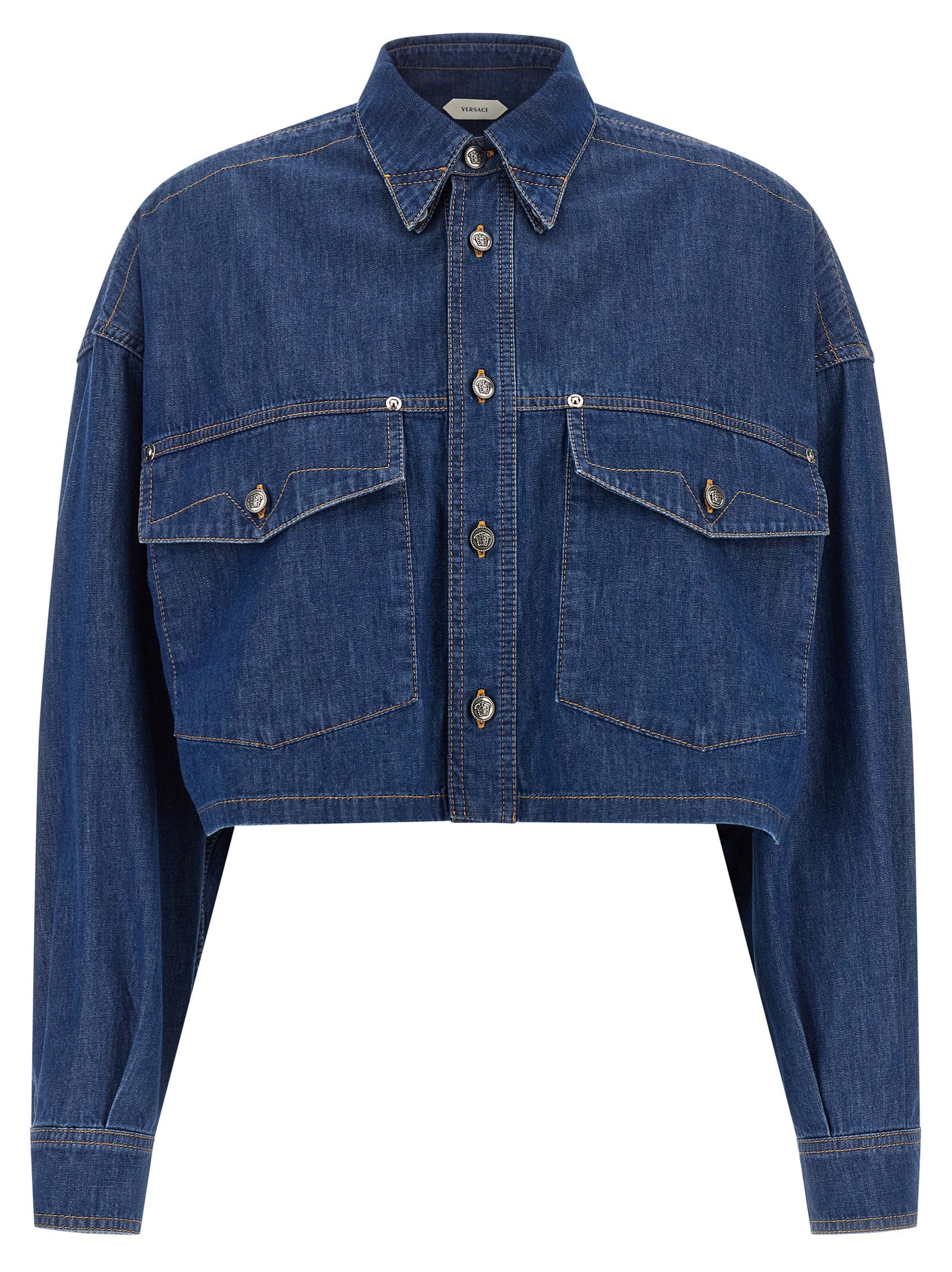 Chemise en coton bleue Versace avec logo distinctif, manches longues et col classique, vue de face.