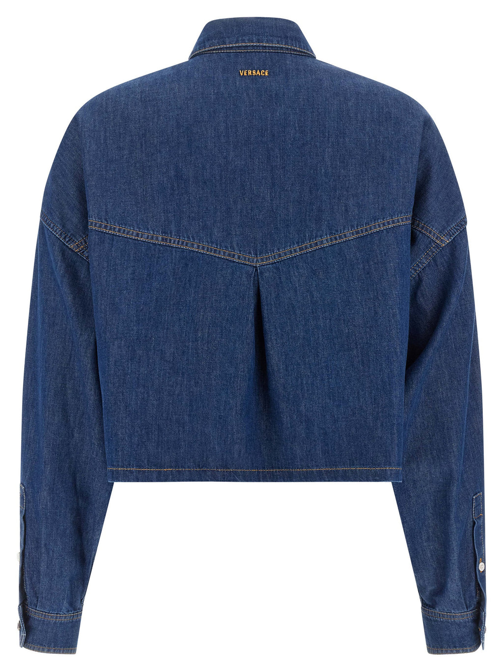 Chemisier en coton bleu de la marque Versace, avec détails élégants et logo visible.