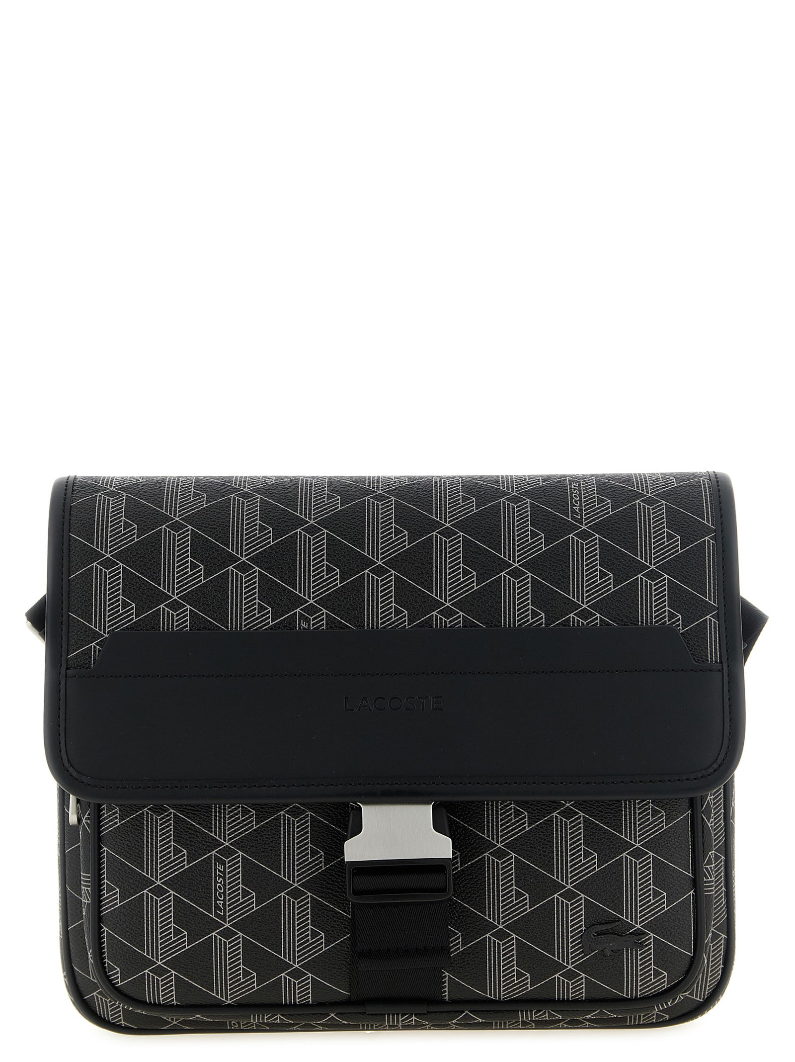 Sac à bandoulière en PVC noir de Lacoste, élégant et moderne, avec logo Lacoste visible sur le devant.