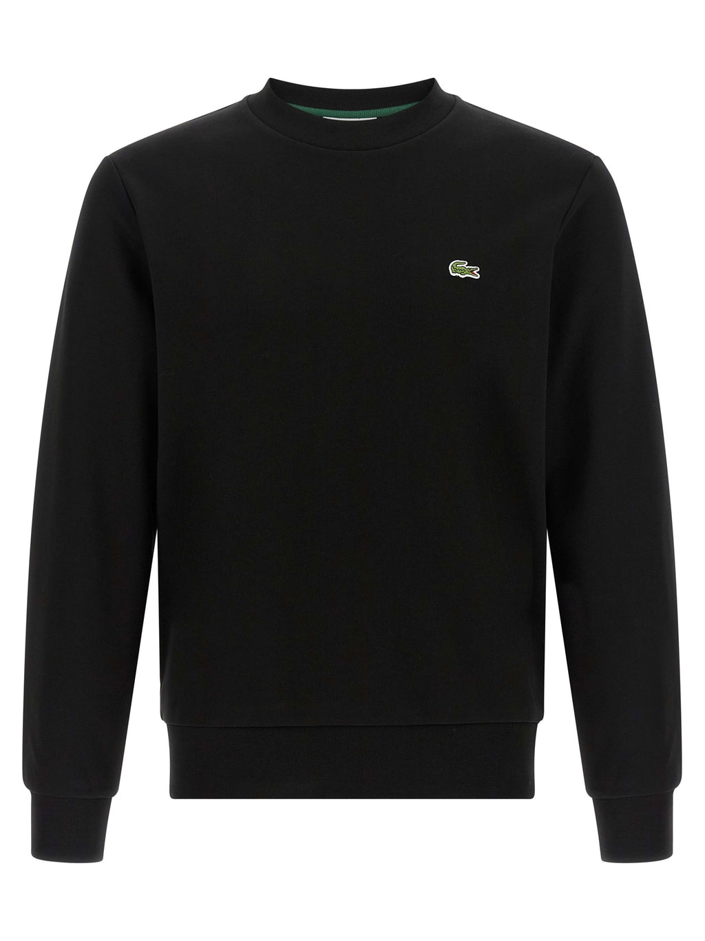 Sweat-shirt en coton noir de Lacoste avec logo crocodile vert, manches longues et coupe décontractée, porté en mode décontracté.