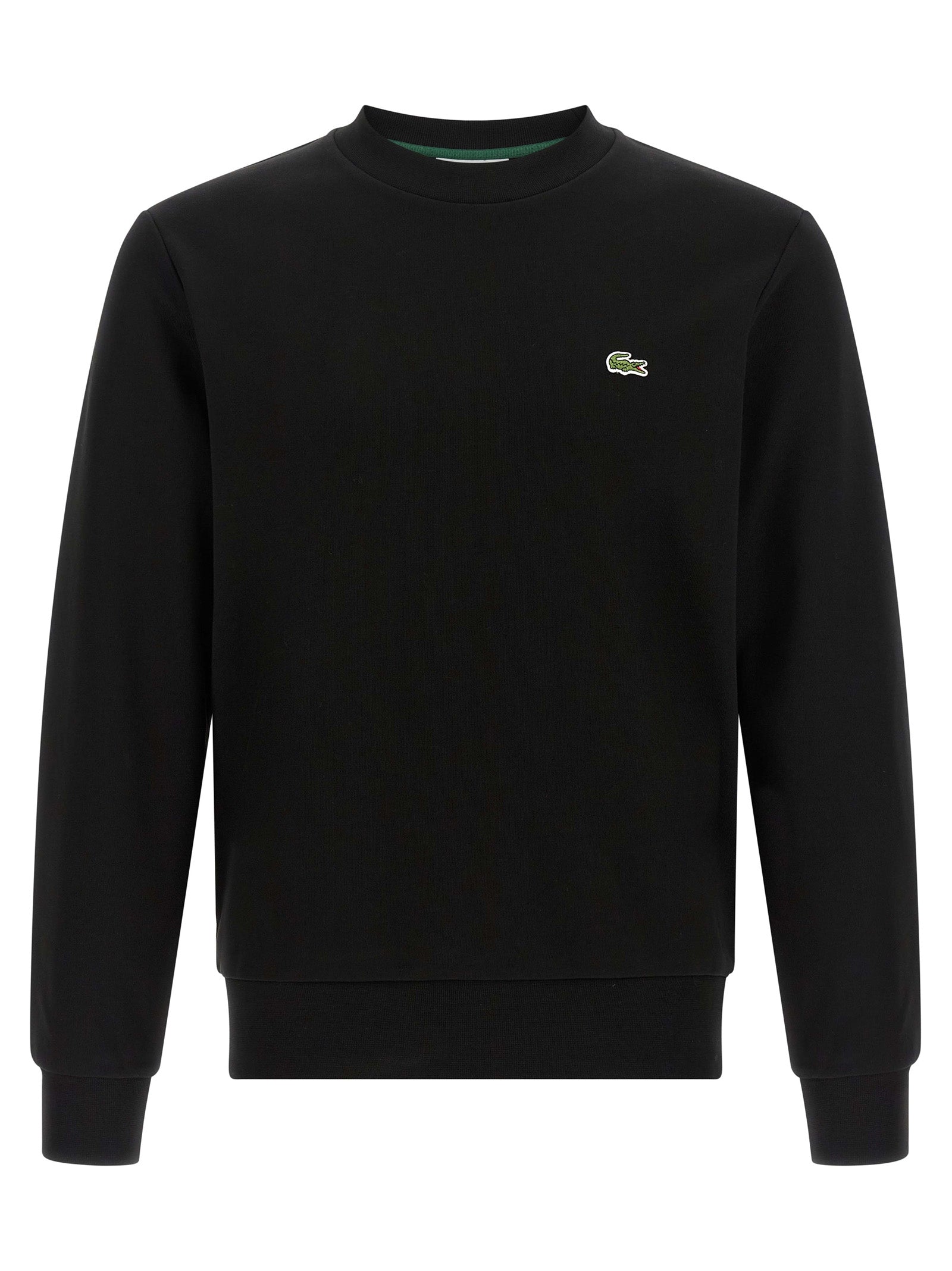 Sweat-shirt en coton noir de Lacoste avec logo crocodile vert, manches longues et coupe décontractée, porté en mode décontracté.