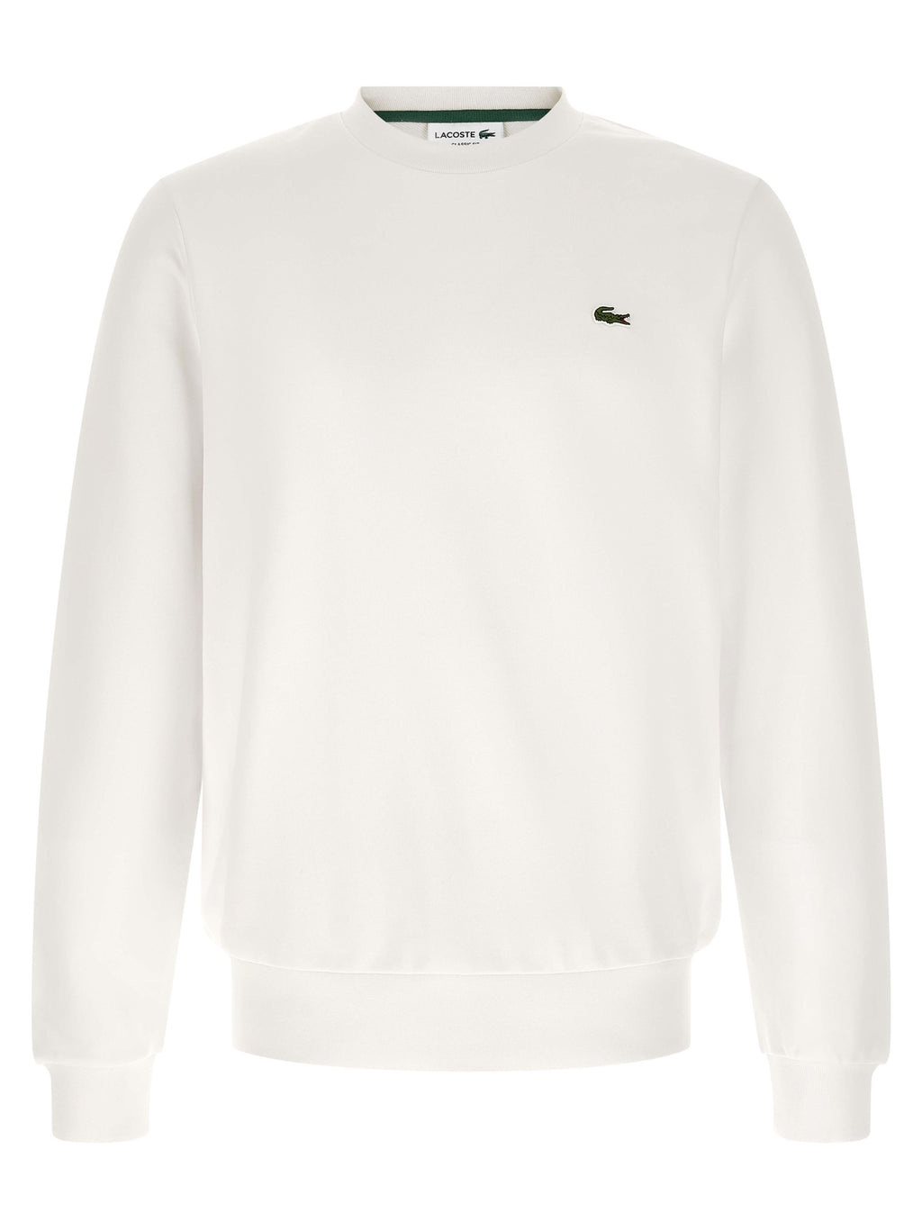 Sweat-shirt blanc en coton de marque Lacoste, avec logo crocodile sur la poitrine, porté sur un mannequin.