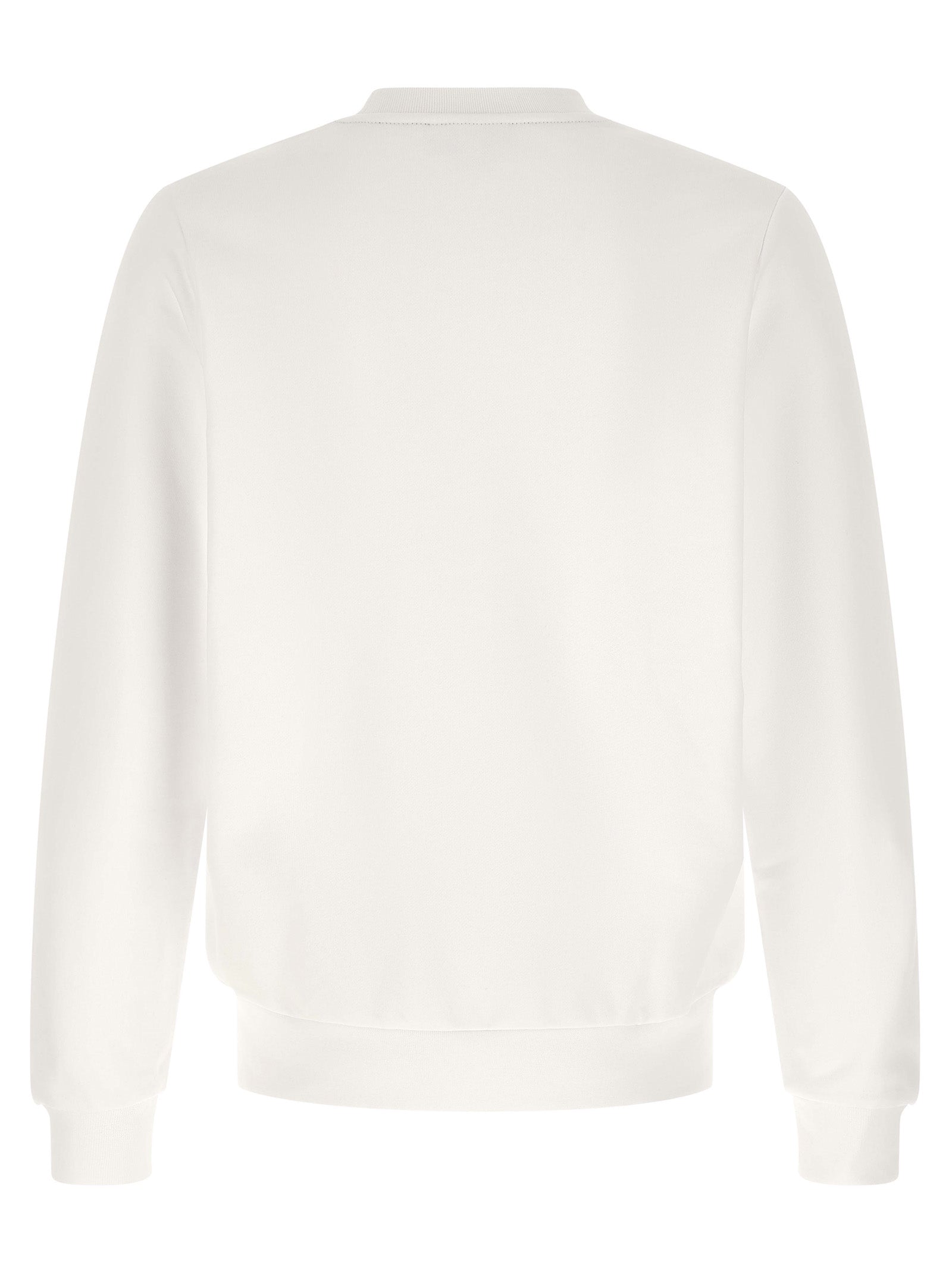 Sweat-shirt blanc en coton de la marque Lacoste, avec logo crocodile brodé sur la poitrine, porté sur un mannequin.