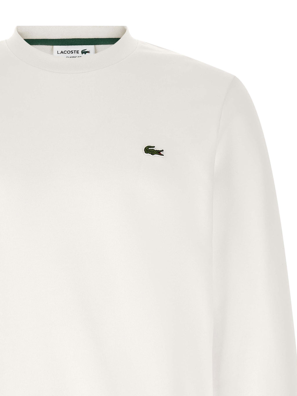 Sweatshirt blanc en coton Lacoste, coupe classique avec logo crocodile vert sur la poitrine, vêtement décontracté pour homme.