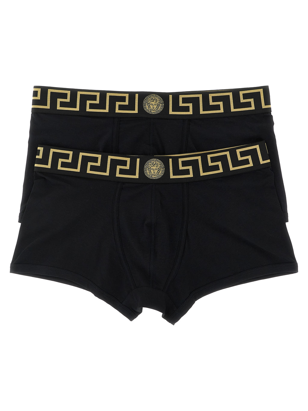 Boxers en coton noir de la marque Versace, avec logo emblématique visible sur la ceinture.