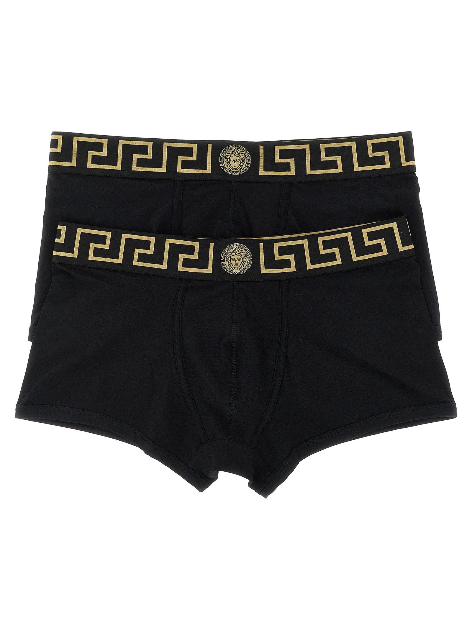 Boxers en coton noir de la marque Versace, avec logo emblématique visible sur la ceinture.