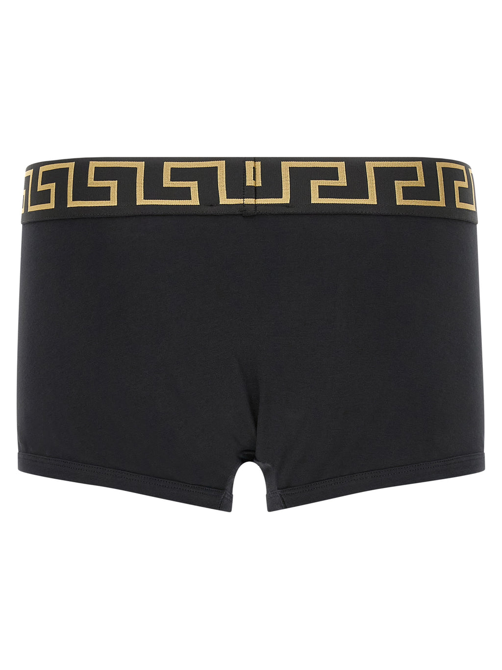 Boxers en coton noir de la marque Versace, avec logo et design élégant, visibles sur le produit.