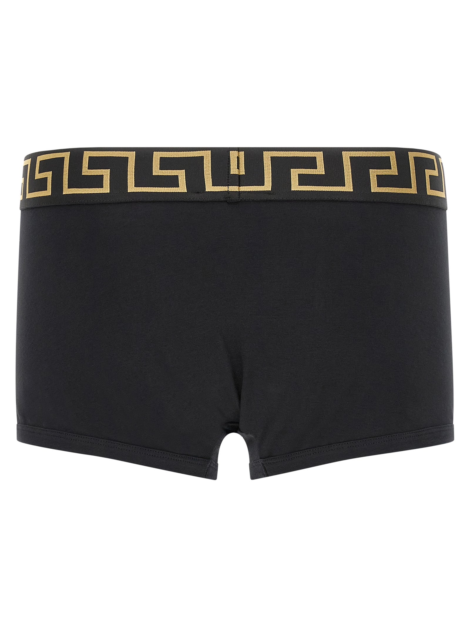 Boxers en coton noir de la marque Versace, avec logo et design élégant, visibles sur le produit.