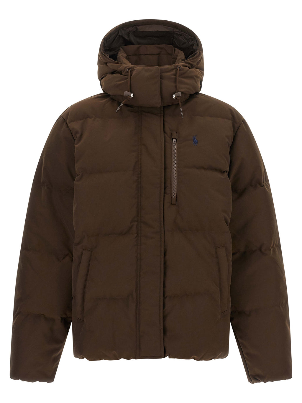 Veste longue en polyester marron de Polo Ralph Lauren, coupe classique, avec col et fermeture éclair visible.