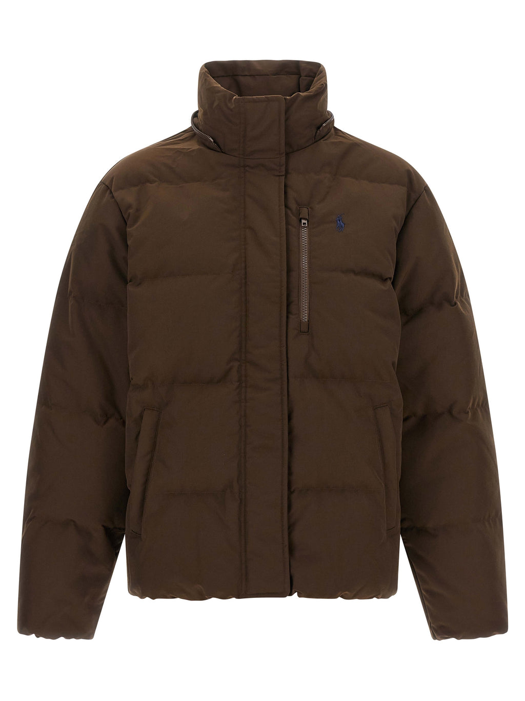 Veste longue en polyester marron de Polo Ralph Lauren, coupe élégante et décontractée, visible sur un mannequin.