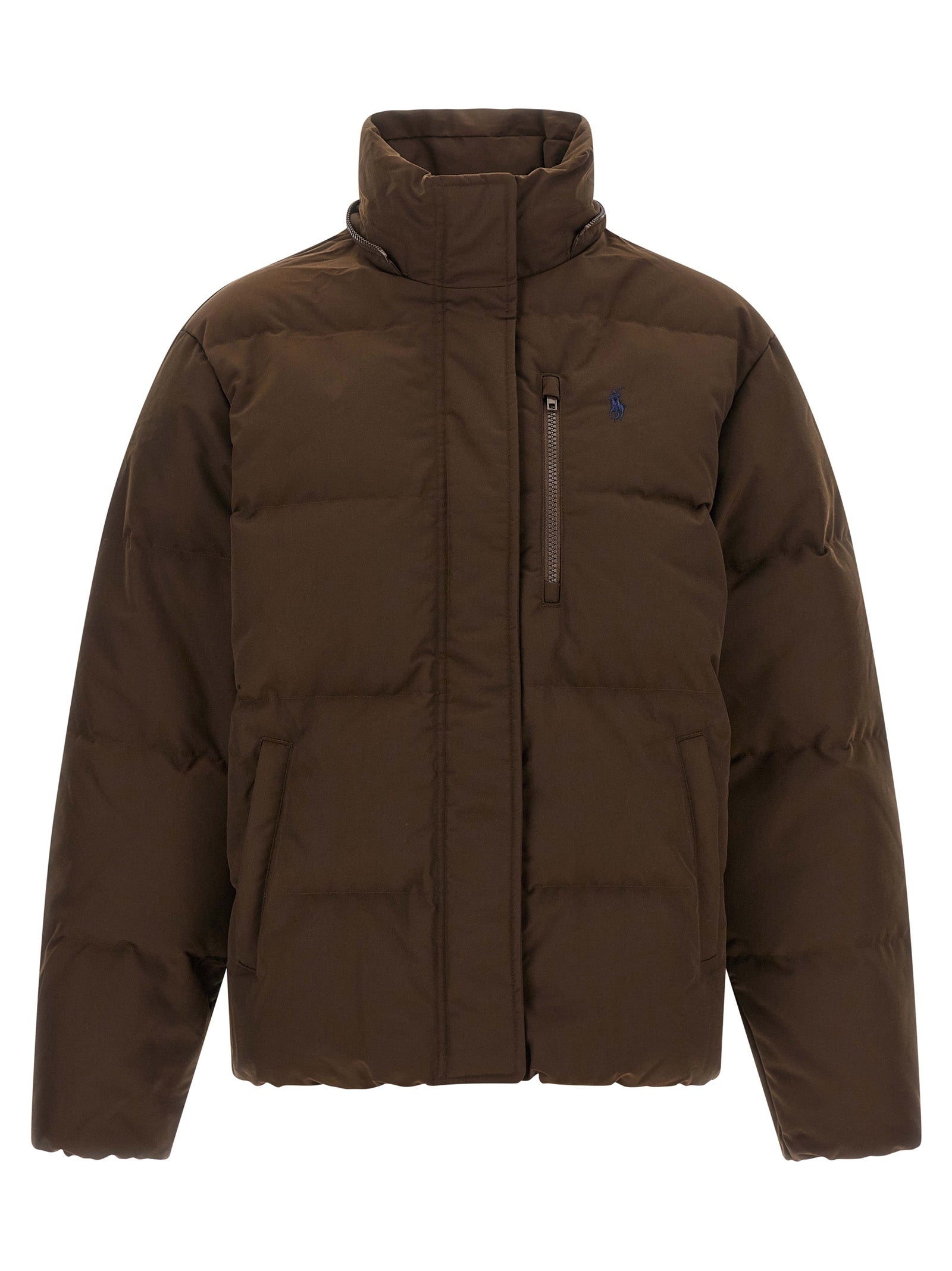 Veste longue en polyester marron de Polo Ralph Lauren, coupe élégante et décontractée, visible sur un mannequin.