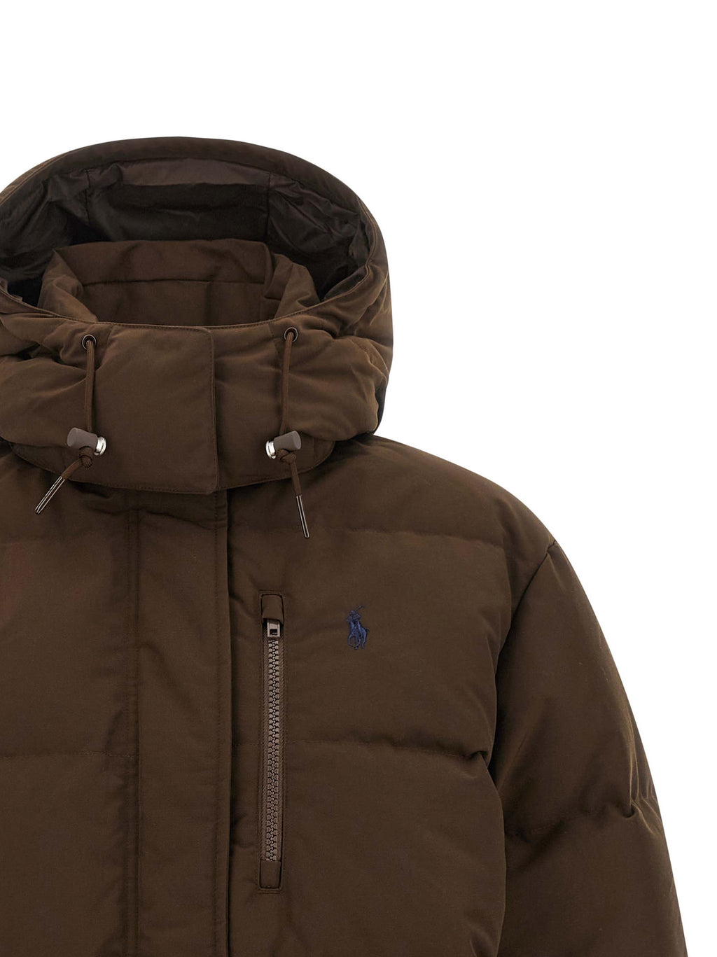 Veste longue en polyester marron de Polo Ralph Lauren, style décontracté avec col et fermeture éclair visible.