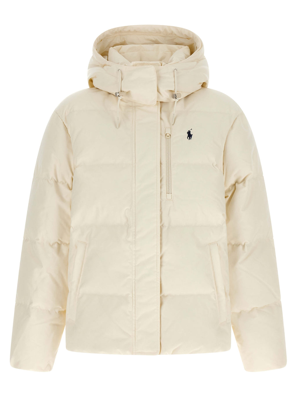 Veste longue en polyester blanche de Polo Ralph Lauren, style classique, avec col et fermeture à glissière visible.