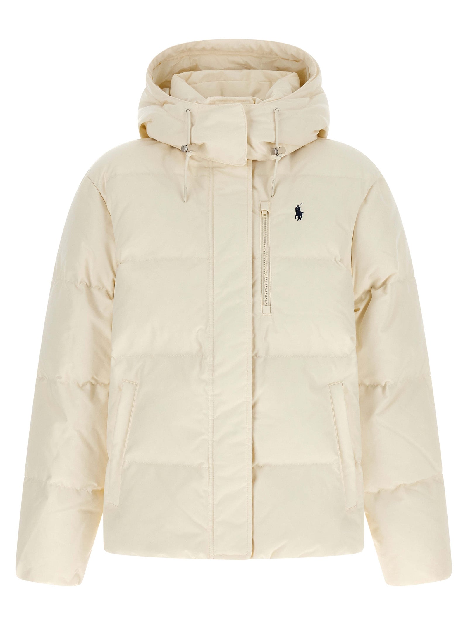 Veste longue en polyester blanche de Polo Ralph Lauren, style classique, avec col et fermeture à glissière visible.