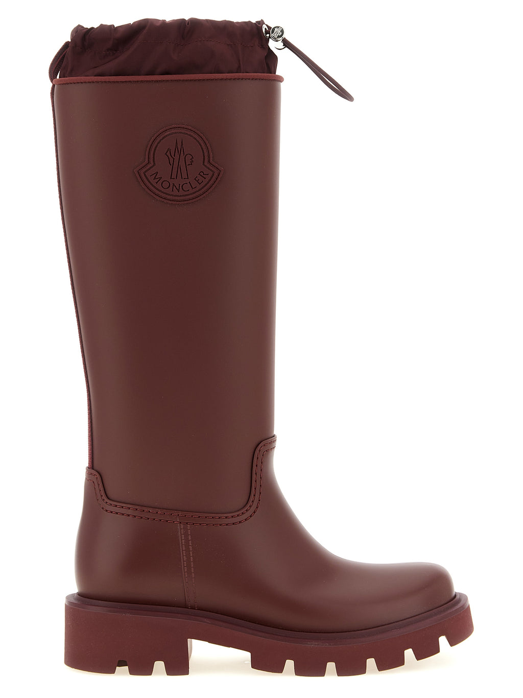 Bottes en PVC Bordeaux Moncler, montantes au-dessus du genou, avec design élégant et finition brillante.