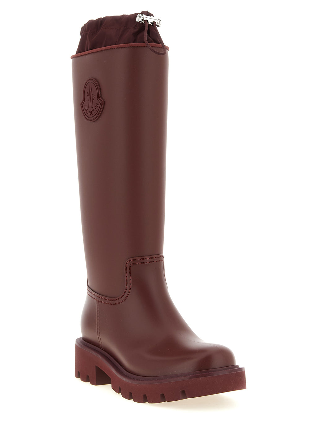 Bottes Moncler Bordeaux en PVC, montantes au-dessus du genou, avec style élégant et finition brillante.
