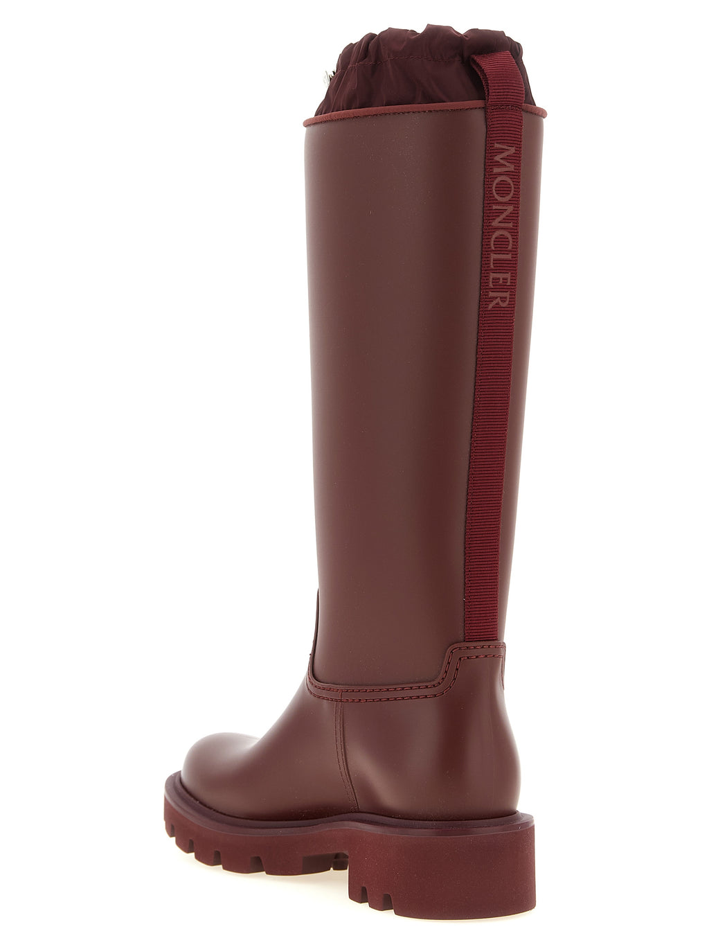Bottes en PVC Bordeaux Moncler, montantes au-dessus du genou, avec design élégant et finition brillante.