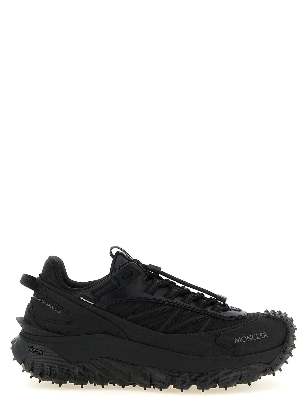 Chaussures de sport en cuir noir Moncler, baskets athlétiques élégantes avec design moderne et semelle robuste.