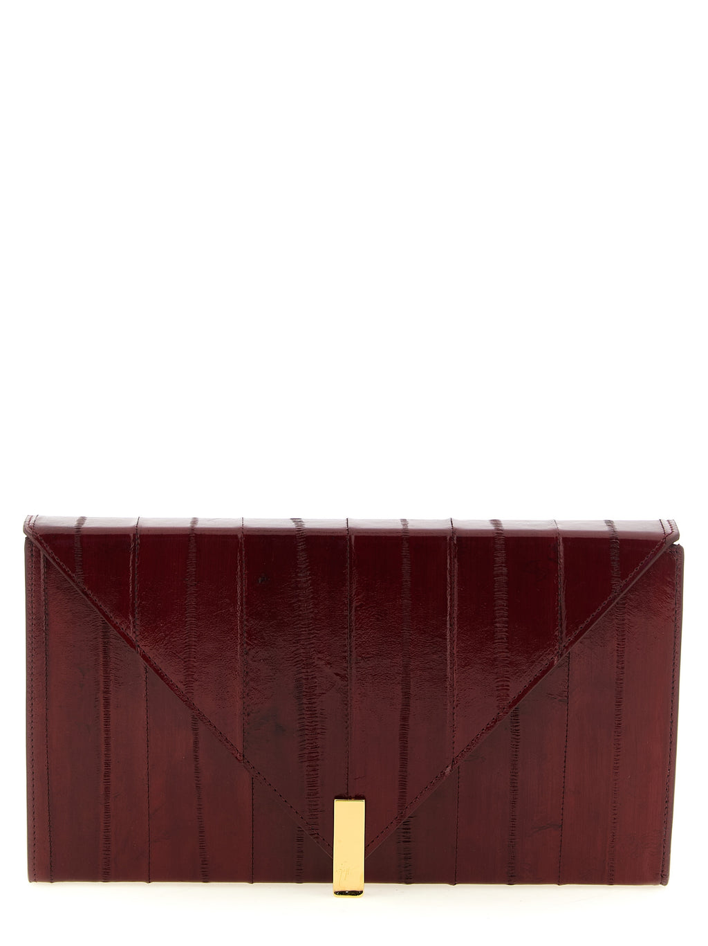Sac clutch en cuir bordeaux de Giuseppe Zanotti, élégant et sophistiqué, visible avec détails en cuir luxe sur l'image.