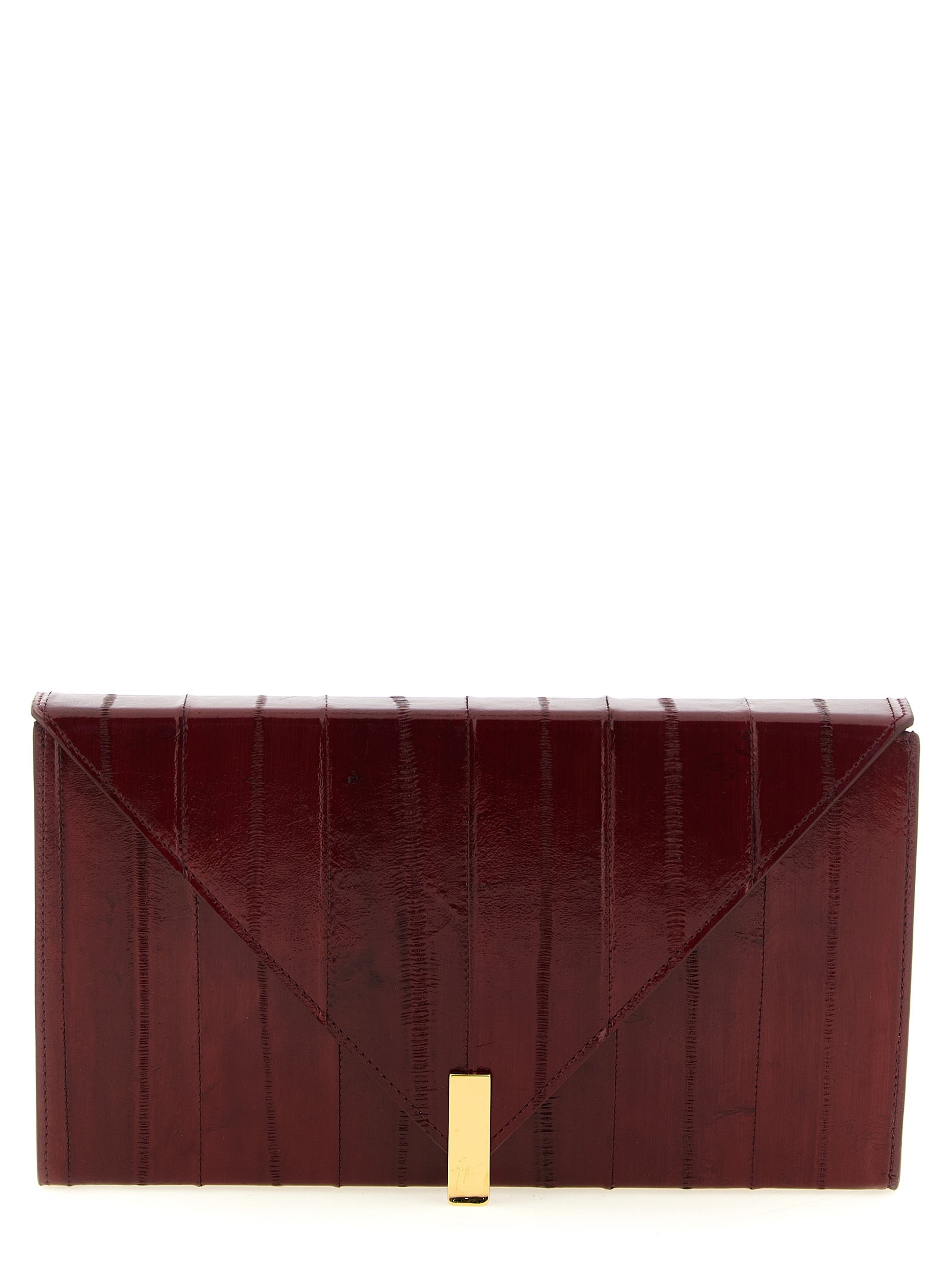 Sac clutch en cuir bordeaux de Giuseppe Zanotti, élégant et sophistiqué, visible avec détails en cuir luxe sur l'image.